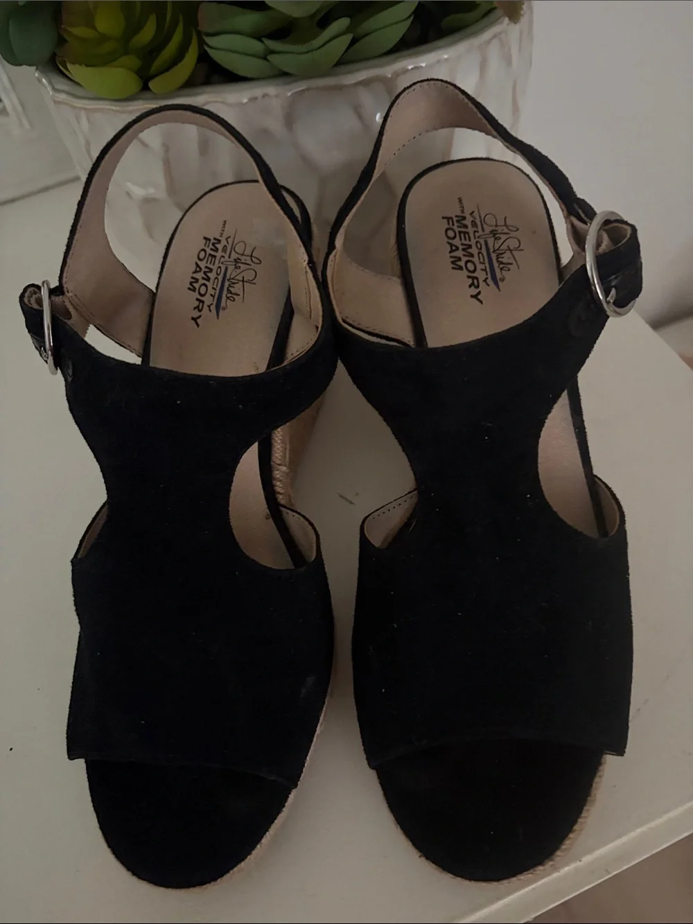 Life Stride Black Suede Wedge Sandals with Ankle Buckle